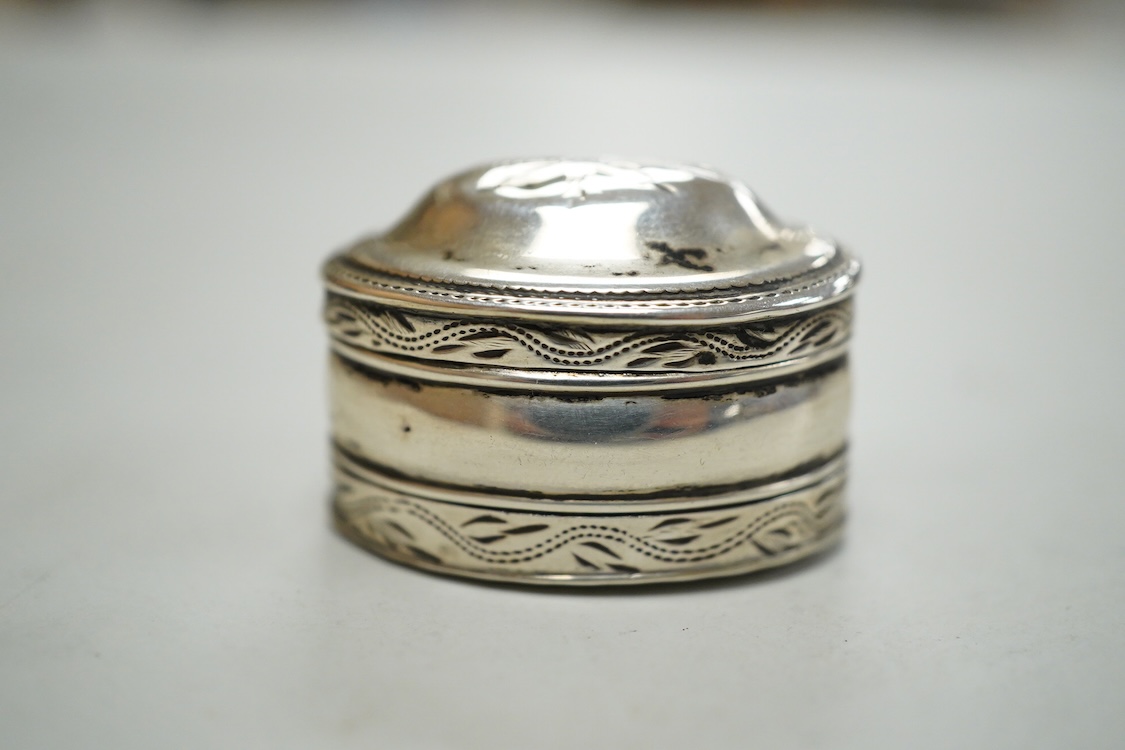 A George III silver oval nutmeg grater by Samuel Pemberton, Birmingham, date letter rubbed, 34mm.
